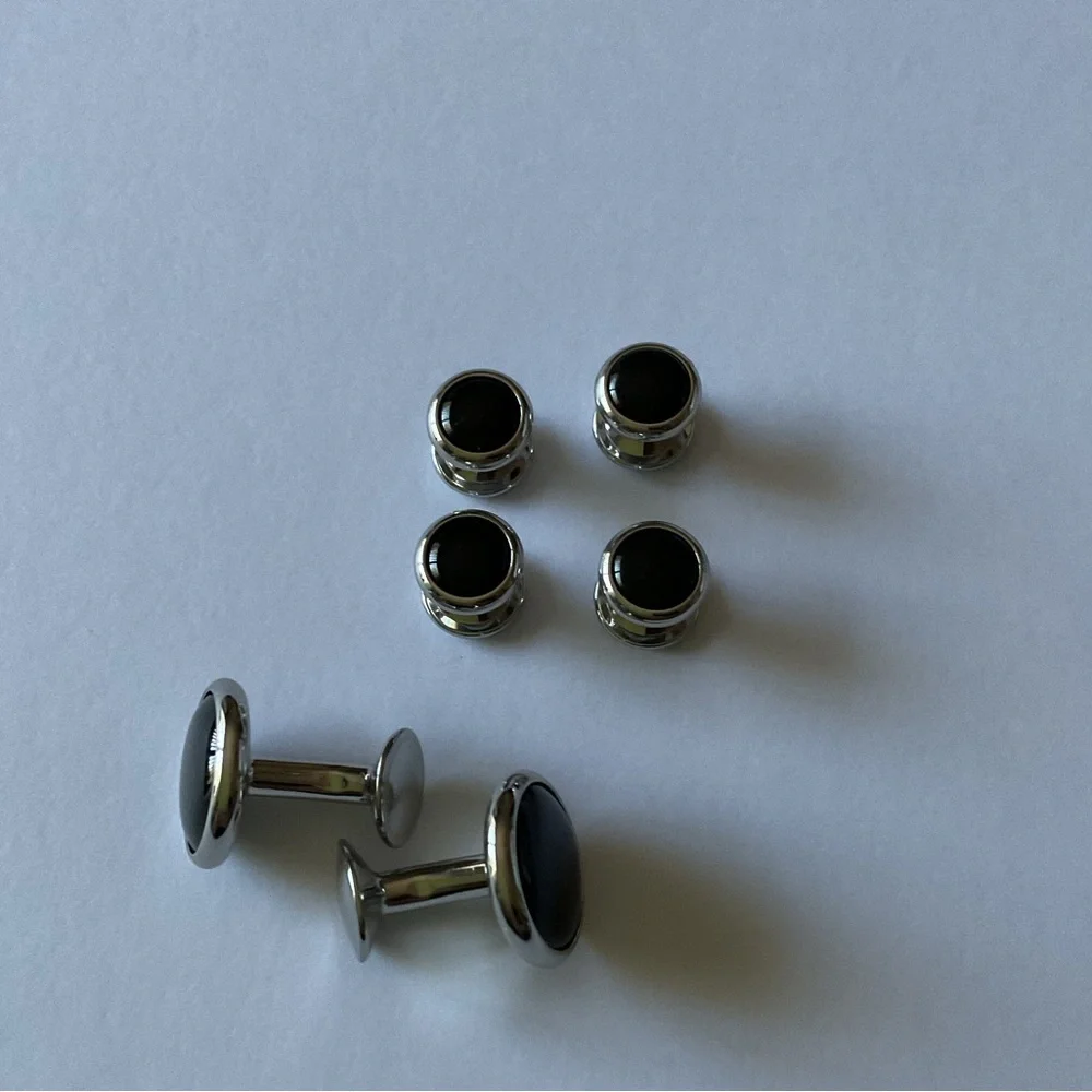 DAVID DONAHUE WHITE BRASS AND BLACK ONYX CUFF LINKS AND SHIRT STUD SET NEW